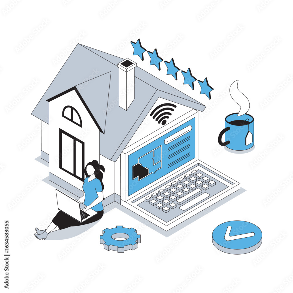 Poster smart home 3d isometric concept with isometry people design for web. woman using automation and secu