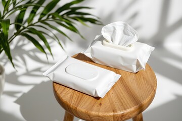 Cleanse and Refresh: Two unopened packages of wet wipes rest on a rustic wooden stool in natural light, hinting at convenience and cleanliness. The shot is a celebration of simplicity and utility.