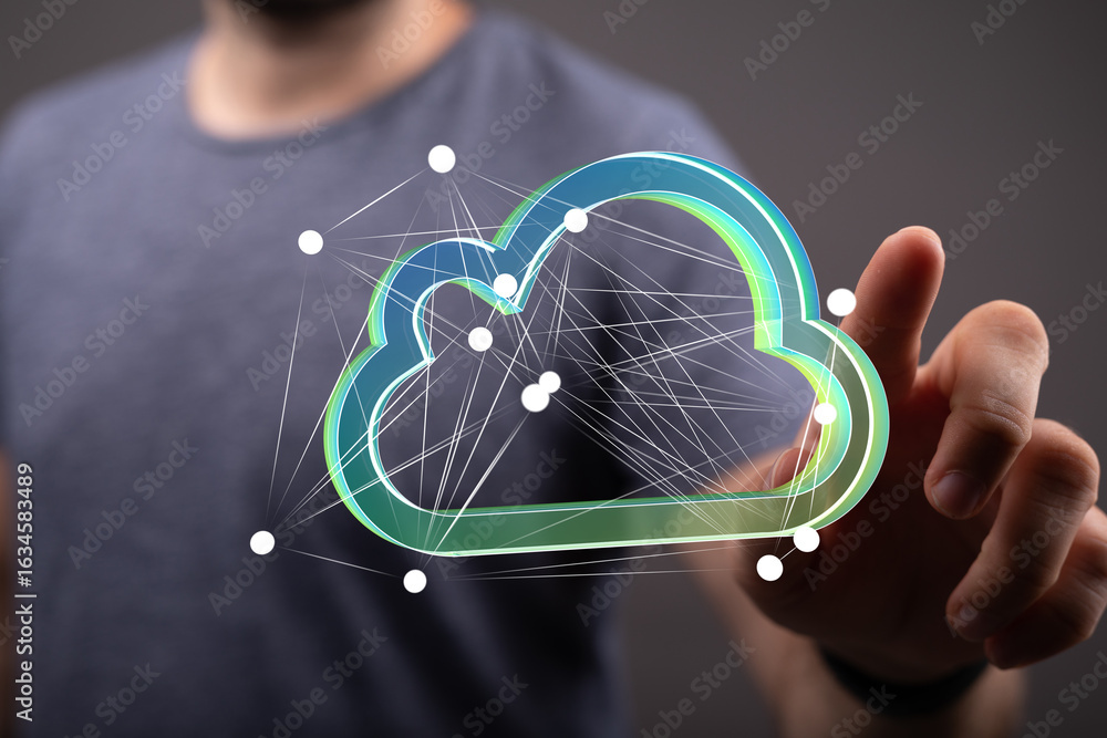 Poster high-quality image depicting cloud computing, network security, and data access.