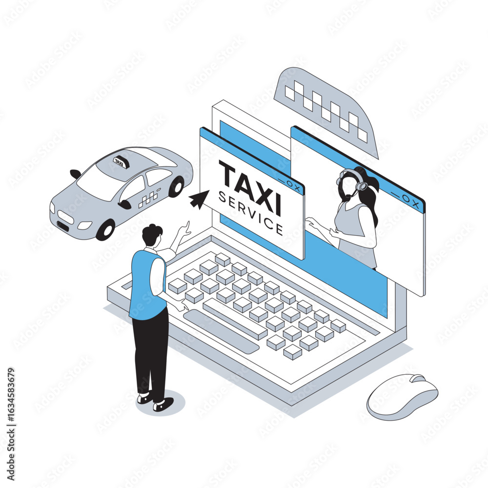 Poster taxi service 3d isometric concept with isometry people design for web. man talking with operator by 