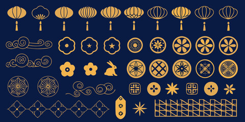 Collection of golden asian inspired decorative elements on navy blue background