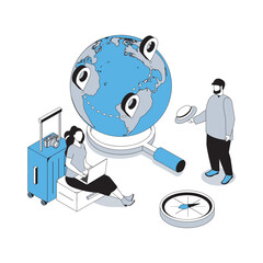 Travelling 3d isometric concept with isometry people design for web. Man and woman planning summer vacation, using globe and compass for routes, booking flight tickets online. Vector illustration