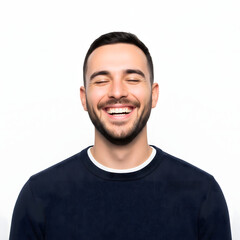 Obraz premium Cheerful young bearded man laughing with genuine happiness and closed eyes on a white background