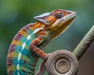 Obraz premium Vibrant panther chameleon with detailed scales on a branch