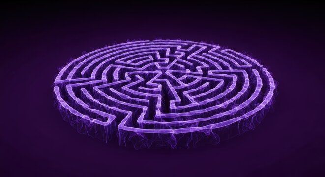Illuminated maze with intricate pathways radiating light in a circular pattern