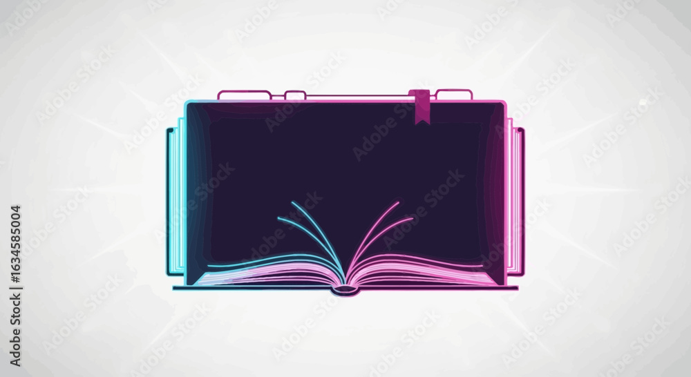 Aufkleber an artistic interpretation of knowledge with a neon glow effect on a stack of books