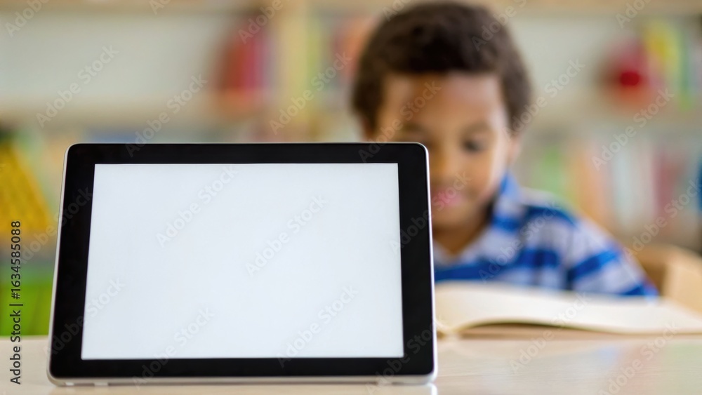 Poster a child reads a book while a blank tablet is prominently displayed in the foreground, suggesting a b