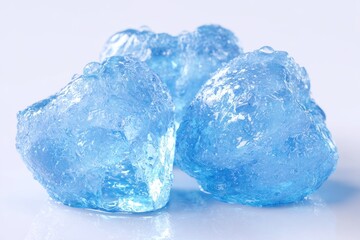 Three blue ice cubes on a white background