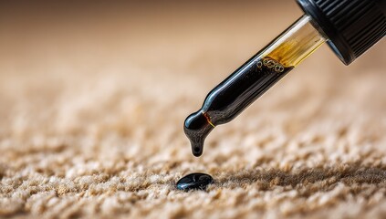 Naklejka premium Dark amber liquid drips from dropper onto beige carpet. Close-up