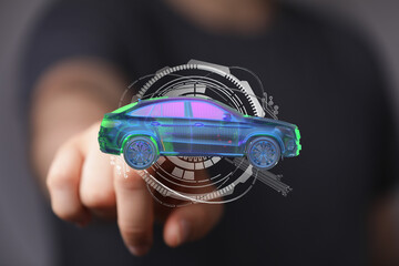 Futuristic car model, digital design, automotive technology, innovation, future of cars.