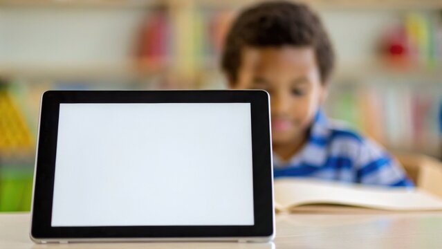 A child reads a book while a blank tablet is prominently displayed in the foreground, suggesting a blend of traditional and digital learning.