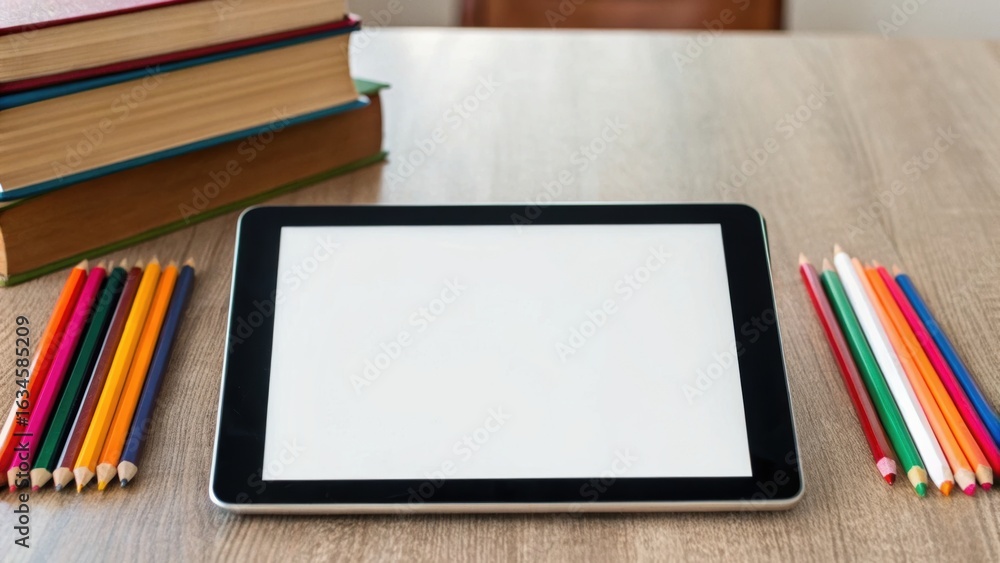 Poster a tablet is centered on a wooden table, surrounded by colored pencils and stacks of books, creating 
