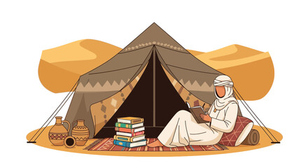Arabian Storyteller Reading Under Tent in Desert Landscape, Cultural Illustration