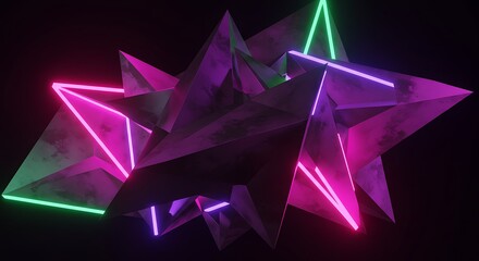 Jagged Polygonal Crystal with Textured Facets and Glowing Neon Edges