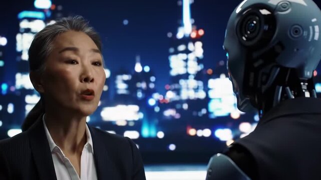 Mature woman in business suit discusses with a humanoid robot in a futuristic cityscape