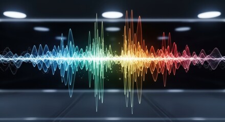 Vibrant audio frequency visualization with spectrum analysis in elegant room setting