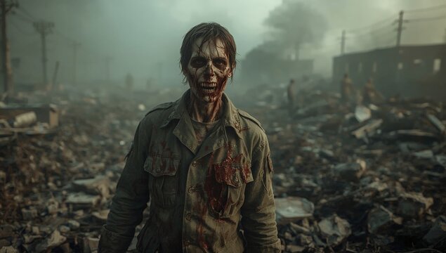 Undead military figure in post-apocalyptic scene