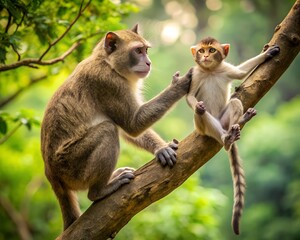 Obraz premium Mother monkey feeding her baby on a tree branch in a lush forest