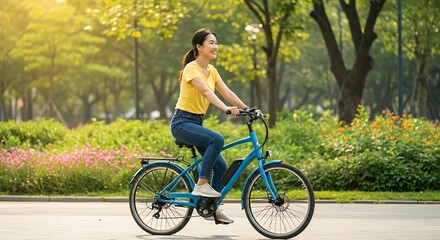 Obraz premium Joyful Woman on a Blue E-Bike Rides Through a Sun-Kissed Park in Golden Light
