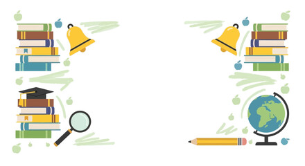 Back to school themed background with books, bell, globe, pencil and graduation cap creating an