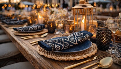 Elegant outdoor dining table setting, warm lighting