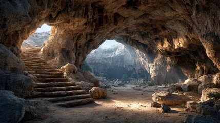 Ancient cave entrance with sunlight