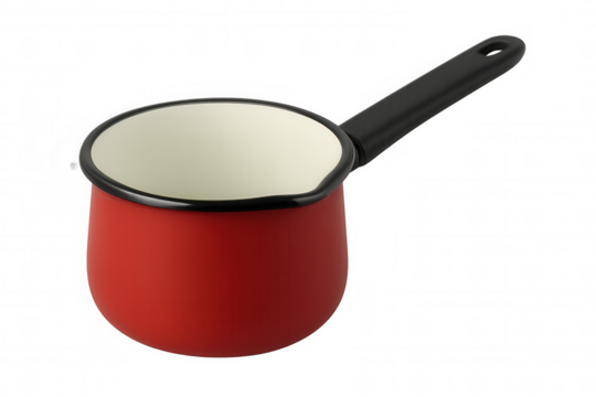 Red saucepan with black handle and white interior, isolated on transparent background, ideal for cooking