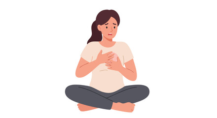 Minimalist Vector Illustration of Woman Sitting Cross Legged with Hand on Chest in Distress in Soft Neutral Colors in Modern Style