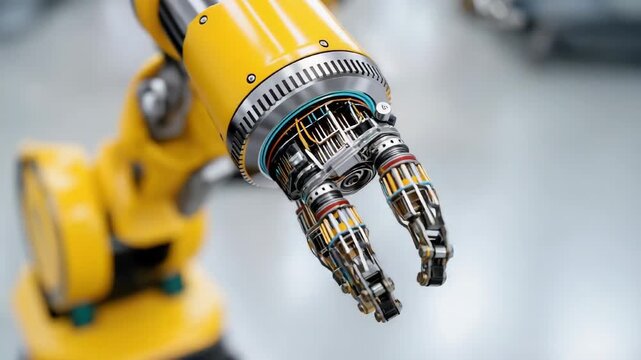 Yellow robotic hand with advanced mechanics animation video. Industrial robot with exposed wires gears animated footage clip seamless HD motion. Automation technology engineering concept