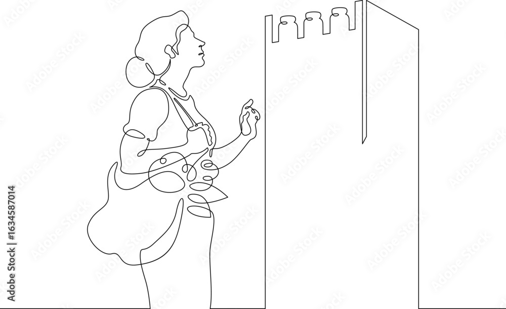 Poster continuous one line drawing woman chooses food products in a store.one continuous line isolated mini