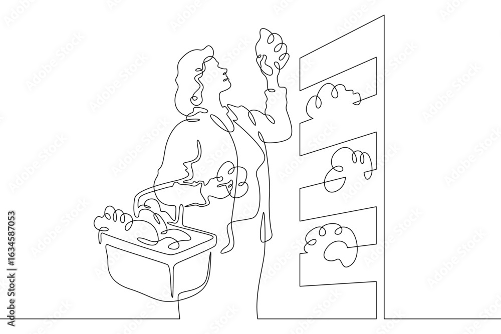Poster continuous one line drawing woman chooses food products in a store.one continuous line isolated mini
