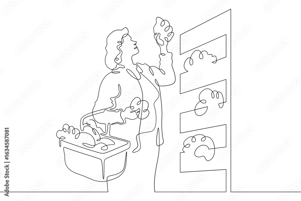 Poster continuous one line drawing woman chooses food products in a store.one continuous line isolated mini