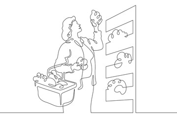 Continuous one line drawing woman chooses food products in a store.One continuous line isolated...