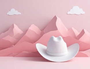A white cowboy hat sits before stylized pink mountains against a pale pink backdrop, with paper clouds