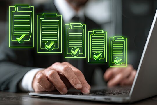 Businessperson using laptop, digital checklist graphic - Powered by Adobe