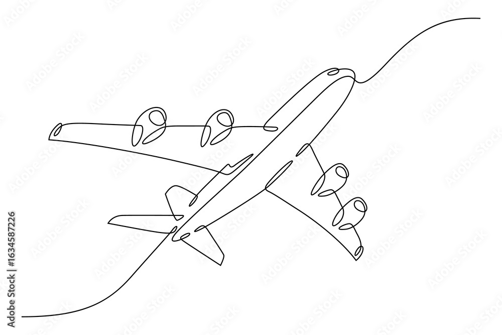 Poster continuous one line drawing flying plane. vacation. one continuous line isolated minimal illustratio