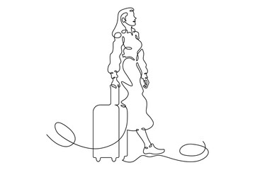 Continuous one line drawing Woman with a suitcase. Vacation. One continuous line isolated minimal...