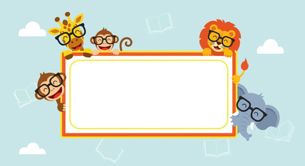 Naklejka premium Cartoon animals with glasses holding a blank sign for educational content