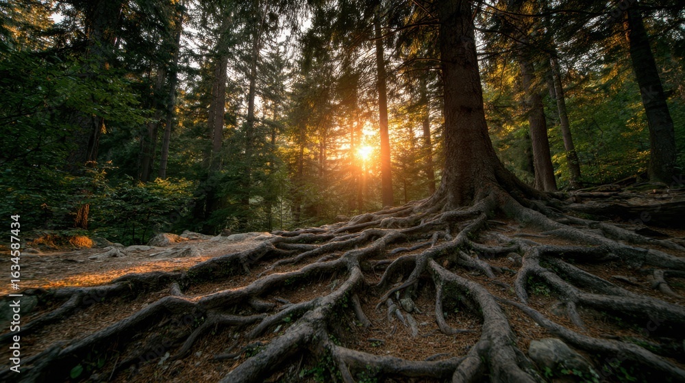 Poster Sunlight Filtering Through Tall Trees in a Serene Forest Scene