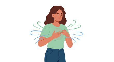 Minimalist Vector Illustration of Anxious Woman with Hands on Chest in Calm Colors for Emotional Wellbeing and Mental Health Campaigns