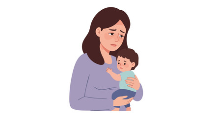 Minimalist Vector Illustration of Sad Mother Holding Child in Soft Colors for Emotional and Parenting Themes