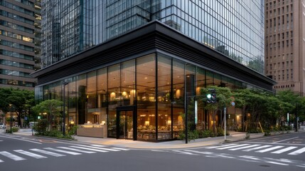 Modern urban skyline during twilight showcasing illuminated office buildings and a quiet street in the heart of a bustling city
