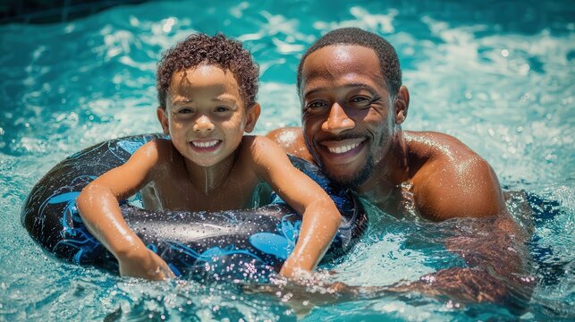 Happy African American father and son enjoying summer pool play, wearing a black swimming ring and blue inflatable tube, smiling and having fun together.