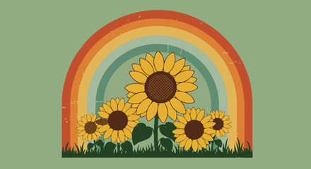 Minimalist Vector Illustration of Sunflower Flowers with Retro Rainbow in Vintage Style Bright Yellow and Earth Tones