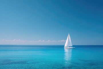 Fototapeta premium Sailboat glides over serene turquoise waters under clear blue sk