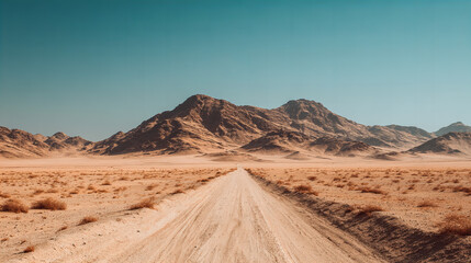 Naklejka premium Endless Straight Road Through a Vast Desert Landscape Leading Toward Distant Mountains Under a Soft Sunset Sky