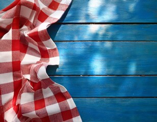 vintage picnic patriotic americana red white gingham tablecloth on blue table