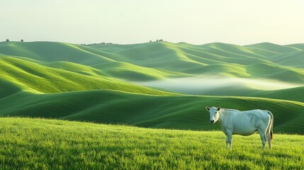 Fototapeta premium High altitude view of misty green hills during early morning, soft fog curling through ridges