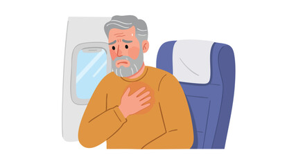 Vector Illustration of a Man with Chest Pain in Modern Style Featuring Simplified Human Figure with Gray Hair and Beard Wearing Brown Sweater Sitting in Airplane Seat