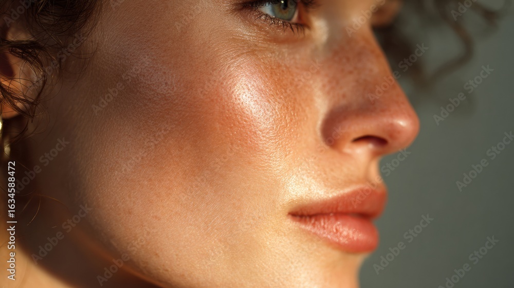 Poster radiance effect highlights cheekbone with soft light flare in a minimalistic setting for contemporar